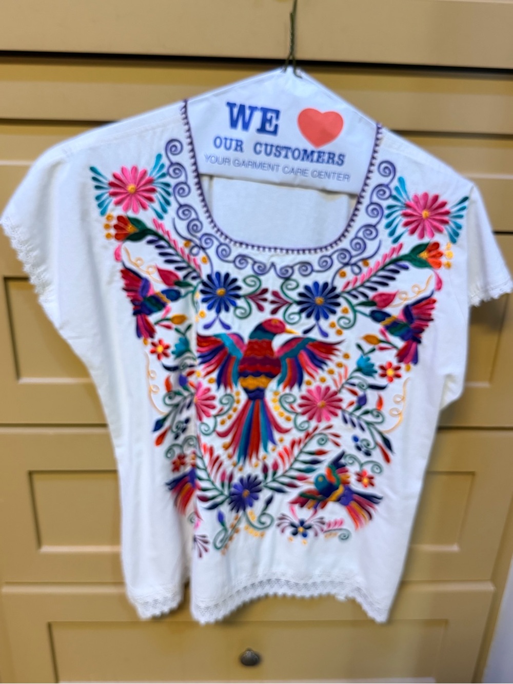 White Embroidered Short Sleeve Top with Multicolor Floral & Bird Motif